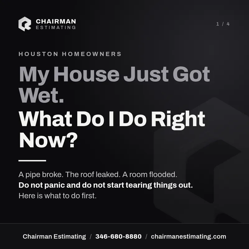 Houston homeowners. My house just got wet. What do I do right now? A pipe broke. The roof leaked. A room flooded. Do not panic and do not start tearing things out. Here is what to do first.