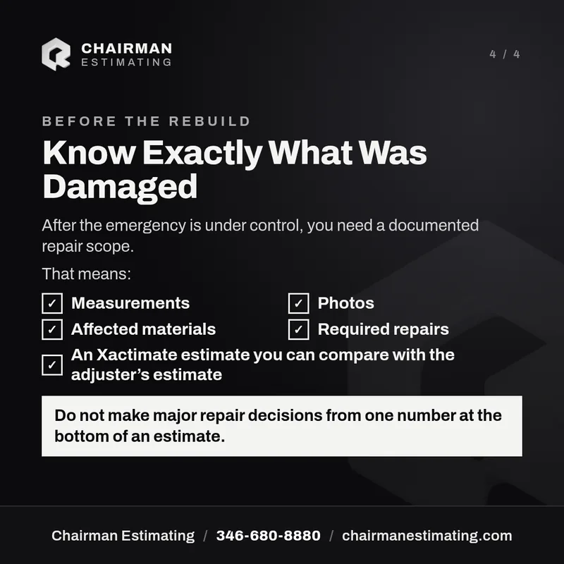 Before the rebuild: know exactly what was damaged. You need a documented repair scope with measurements, photos, affected materials, required repairs, and an Xactimate estimate you can compare with the adjuster's estimate. Do not make major repair decisions from one number at the bottom of an estimate.